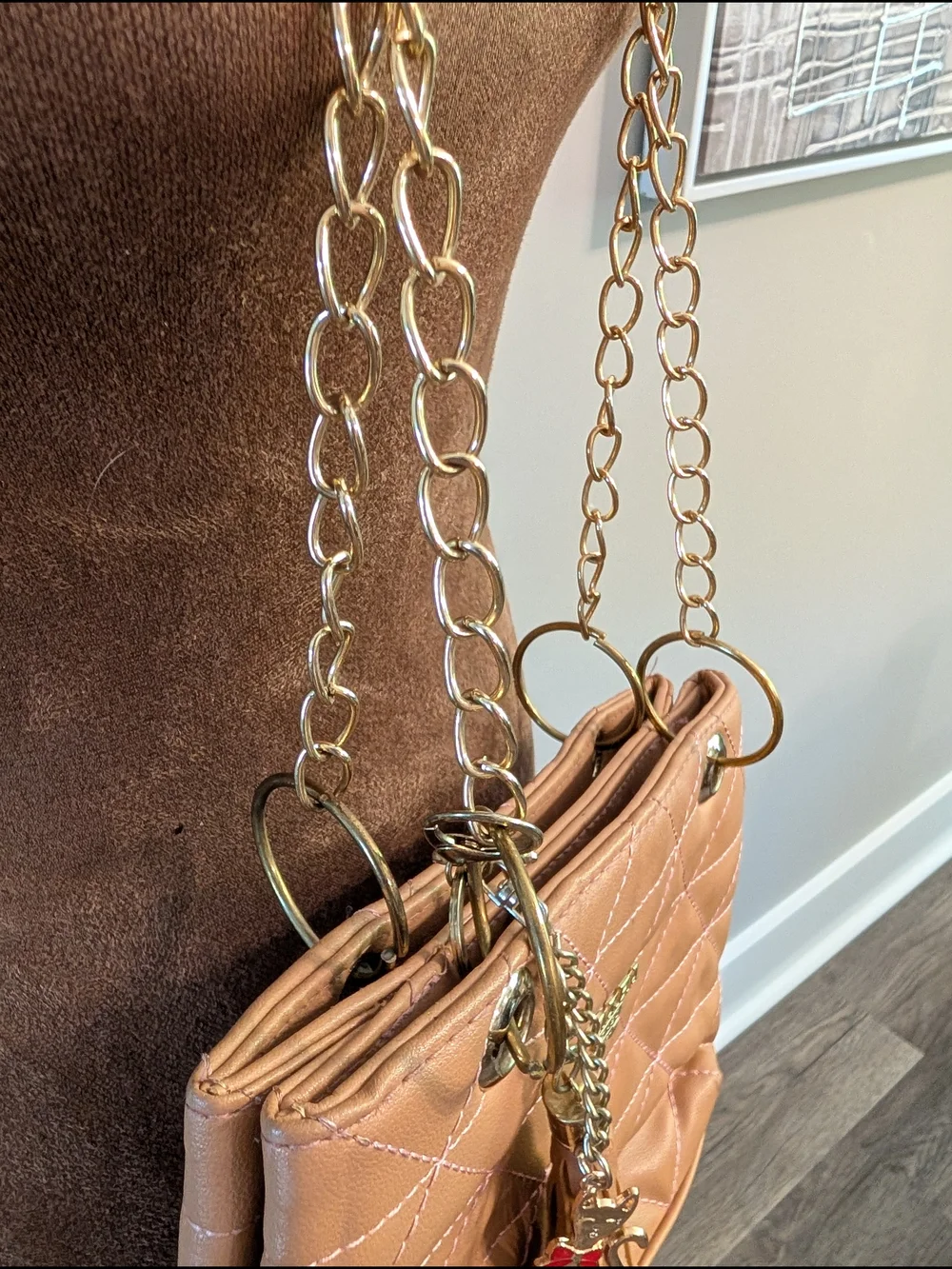 Quilted Tan Chain-Handle Shoulder Bag